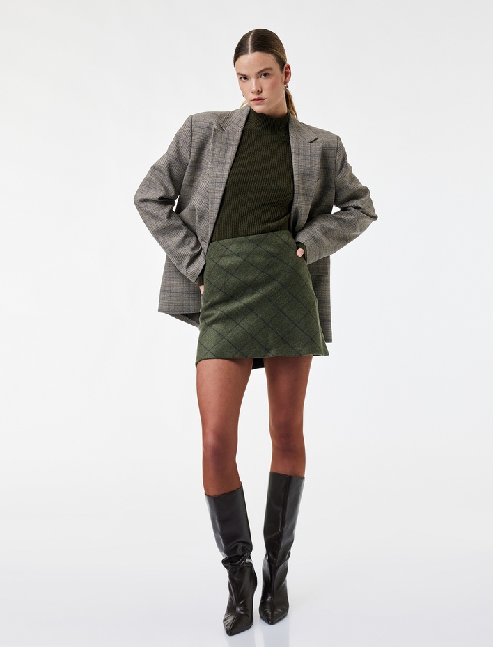  A Kesim Kareli Kışlık Mini Etek