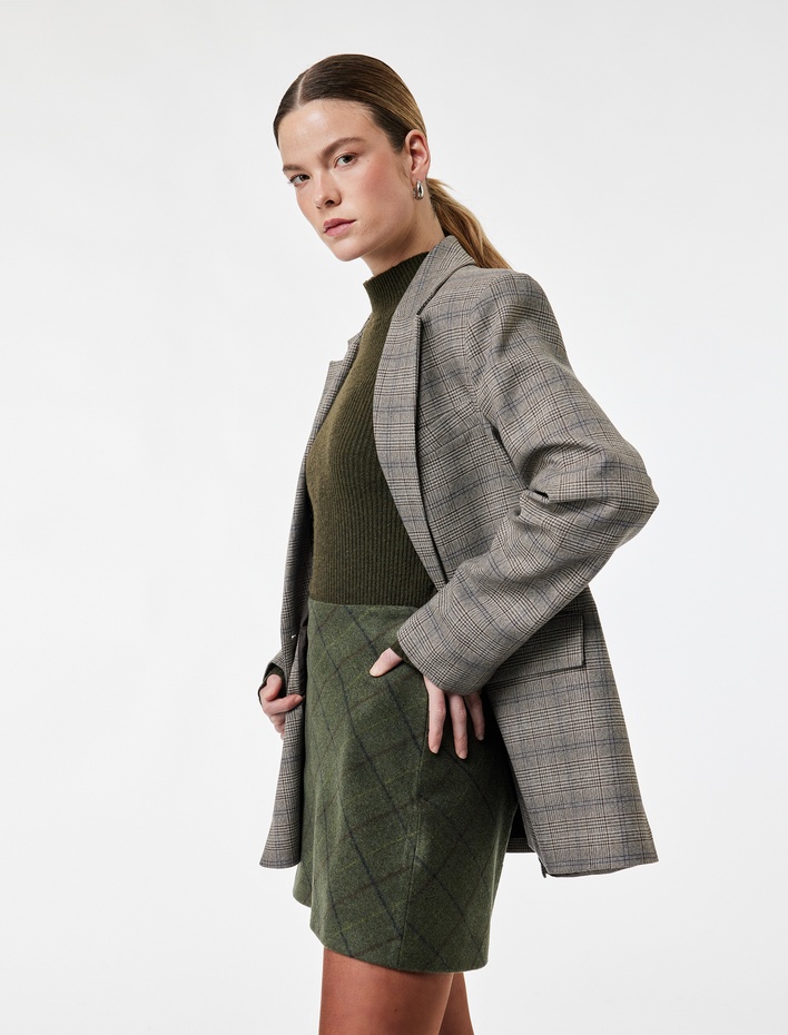  A Kesim Kareli Kışlık Mini Etek