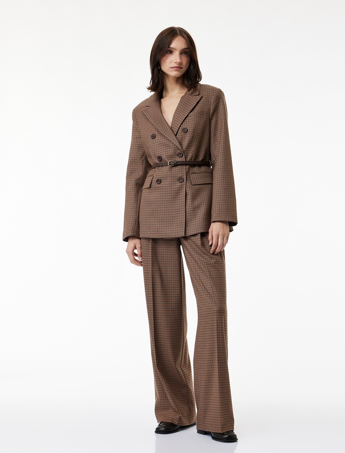  Yüksek Bel Geniş Paça Viskon Karışımlı Ekoseli Pantolon