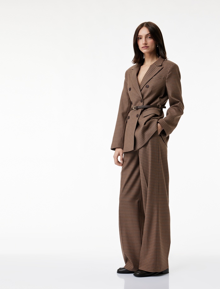  Yüksek Bel Geniş Paça Viskon Karışımlı Ekoseli Pantolon