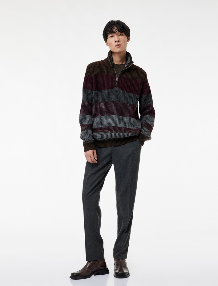  Yarım Fermuarlı Dik Yaka Uzun Kollu Triko Kazak