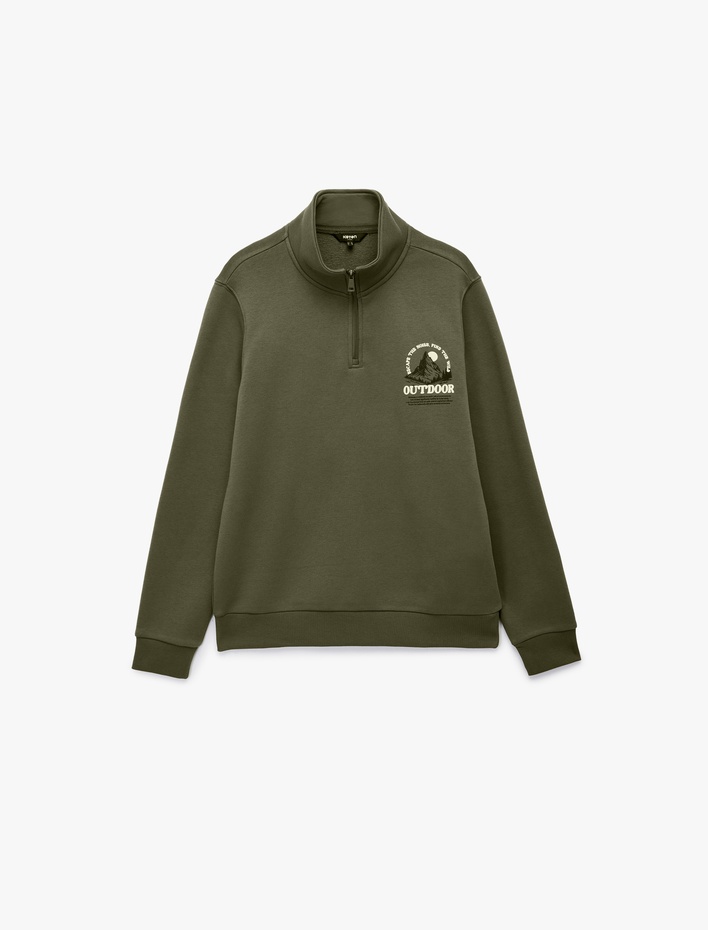  Baskılı Yarım Fermuarlı Şardonlu Uzun Kollu Dik Yaka Sweatshirt