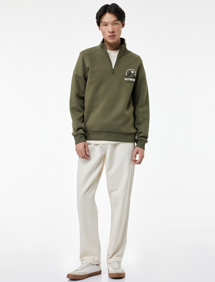  Baskılı Yarım Fermuarlı Şardonlu Uzun Kollu Dik Yaka Sweatshirt