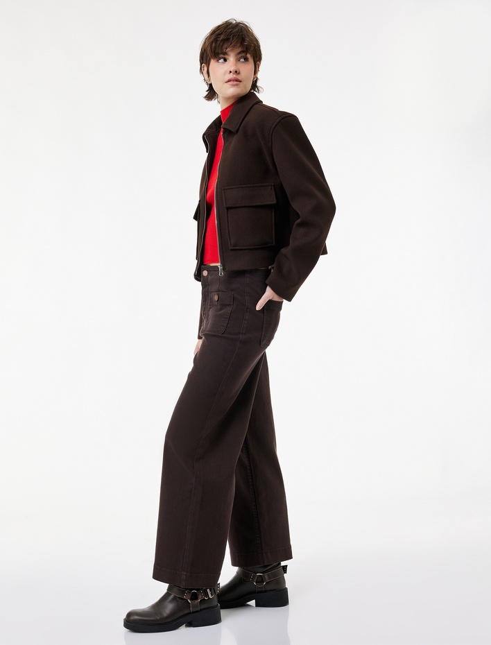  Yüksek Bel Rahat Kalıp Düğmeli Cep Detaylı Geniş Paça Pantolon - Culotte Jeans