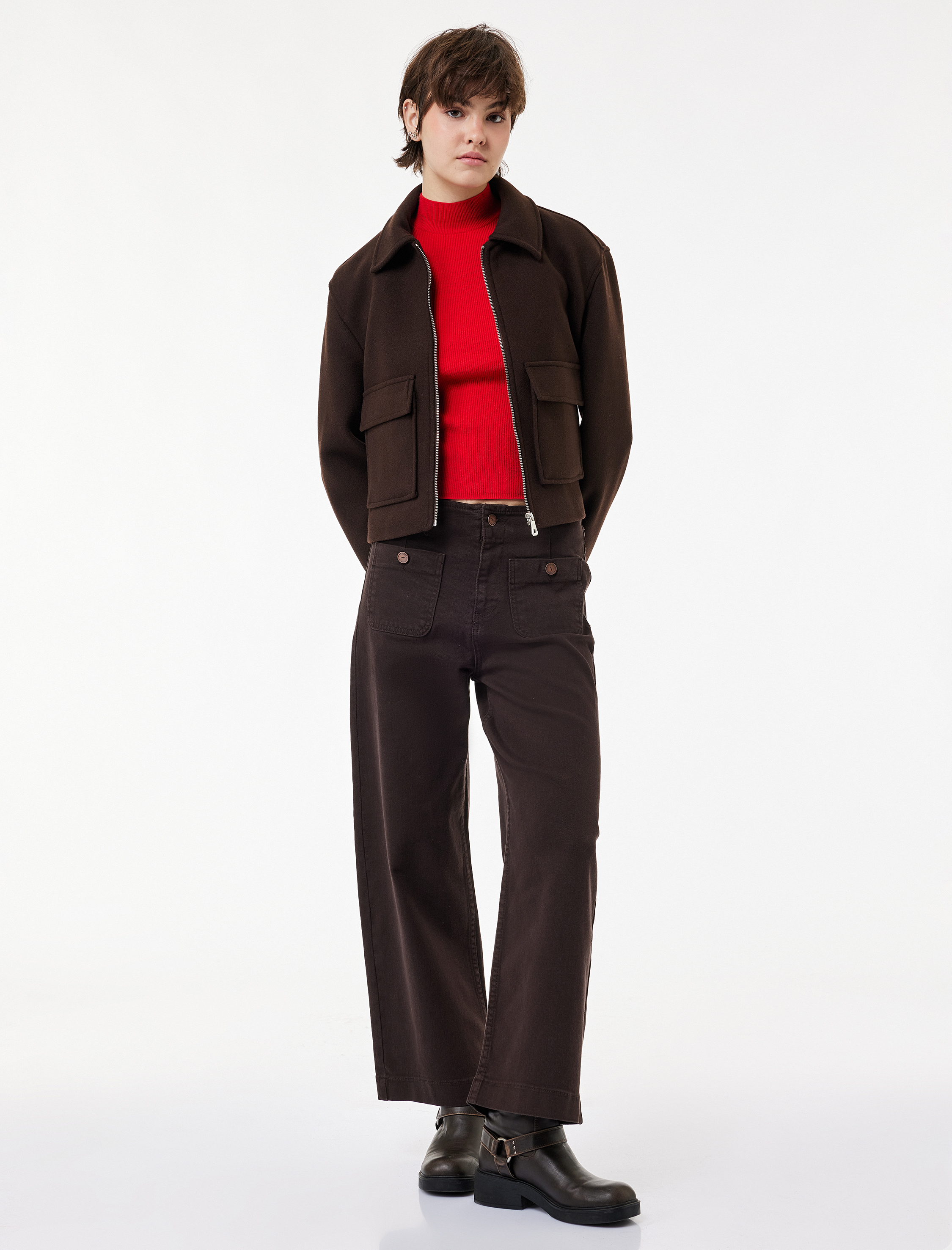   Yüksek Bel Rahat Kalıp Düğmeli Cep Detaylı Geniş Paça Pantolon - Culotte Jeans