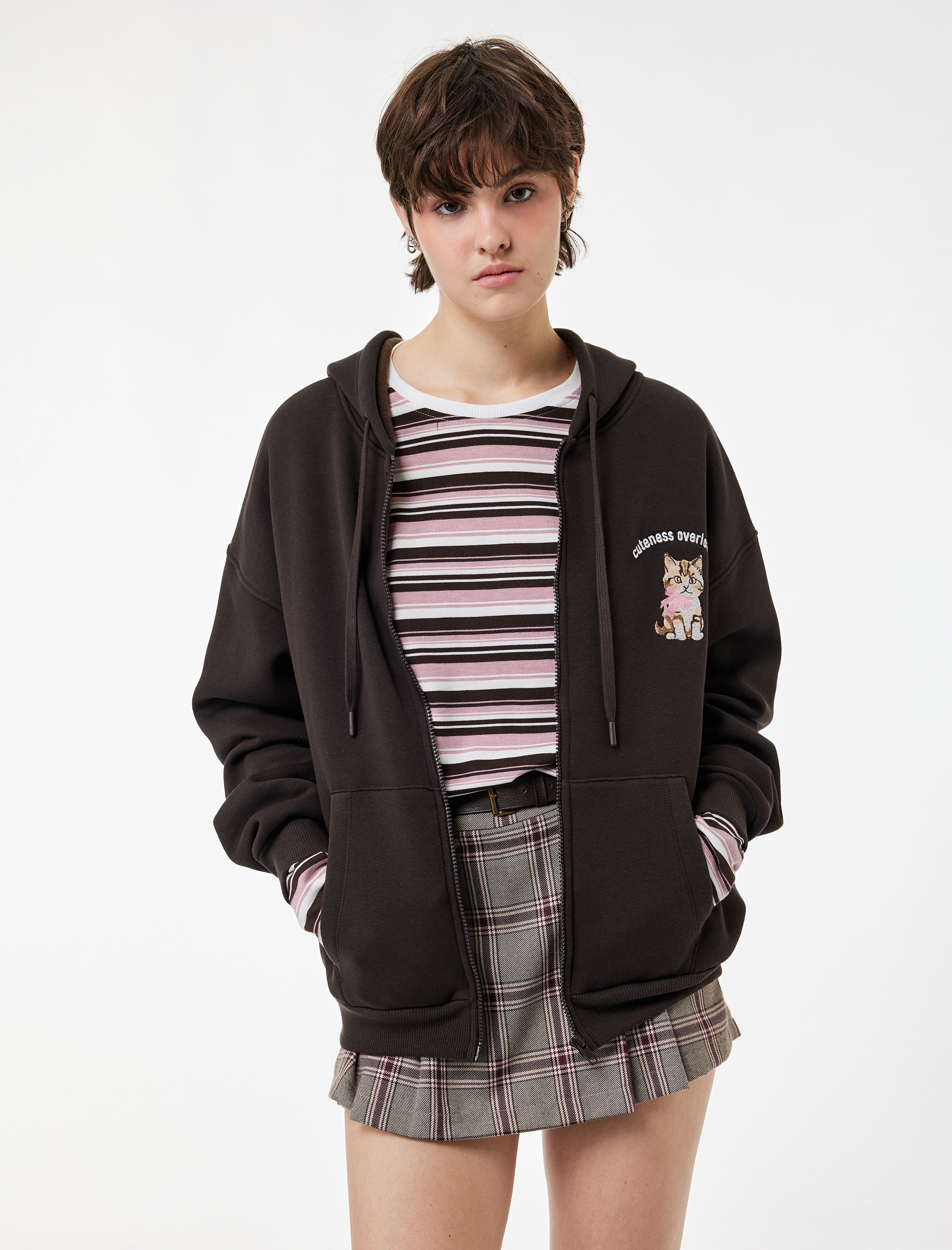   Şardonlu  Kapüşonlu Fermuarlı Arkası Kedi Baskılı Kanguru Cepli Oversize Sweatshirt