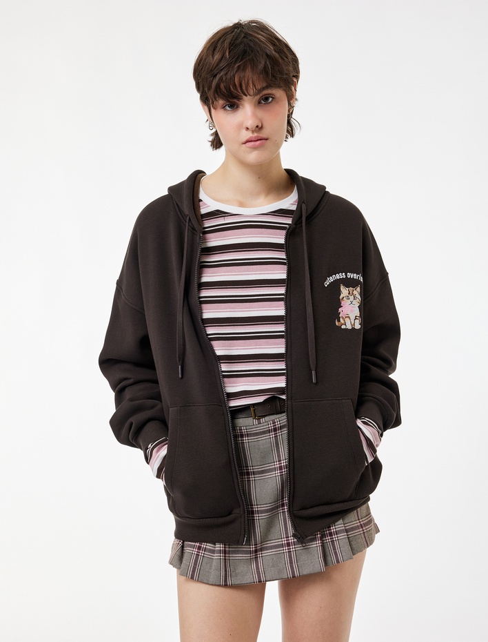  Şardonlu  Kapüşonlu Fermuarlı Arkası Kedi Baskılı Kanguru Cepli Oversize Sweatshirt