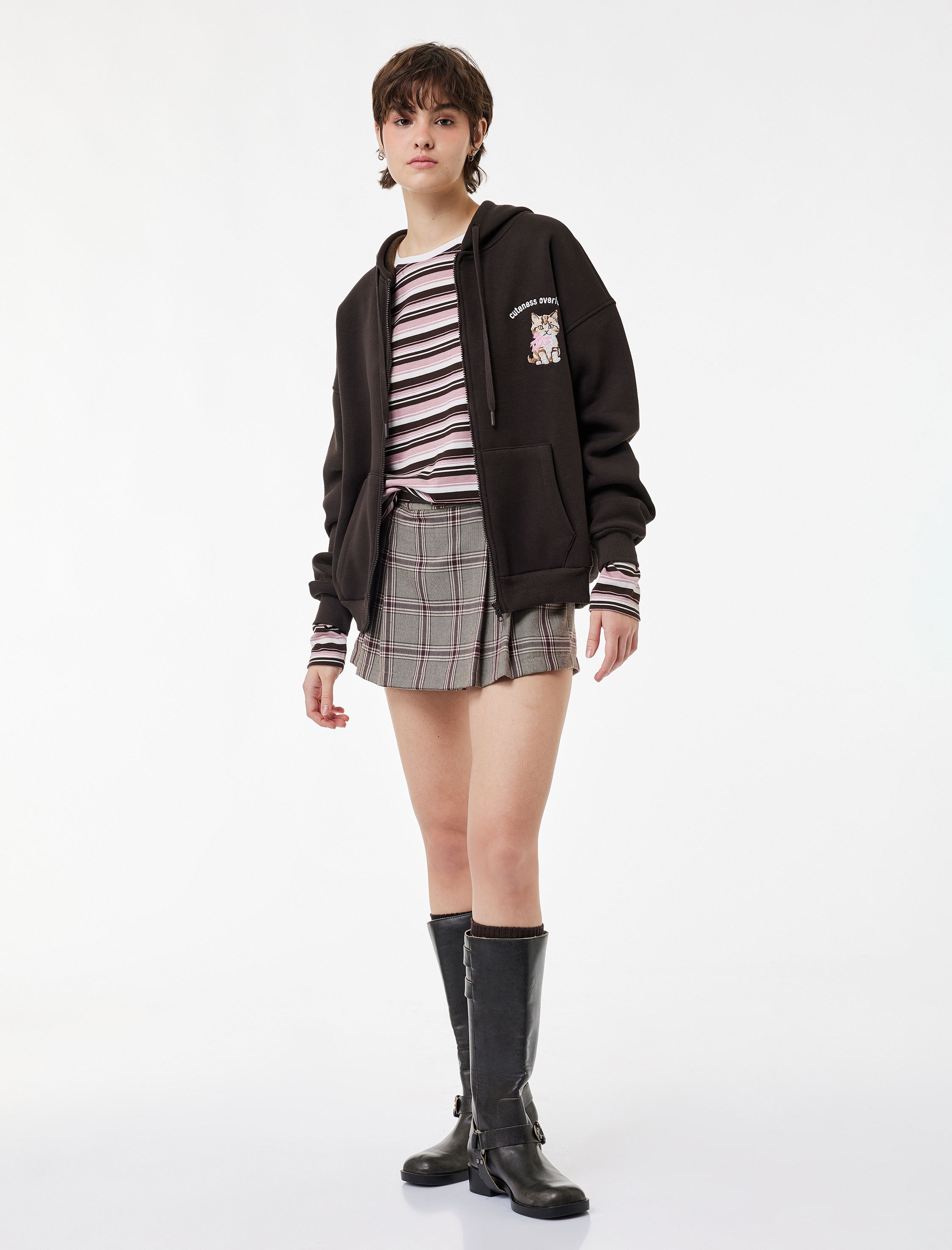   Şardonlu  Kapüşonlu Fermuarlı Arkası Kedi Baskılı Kanguru Cepli Oversize Sweatshirt