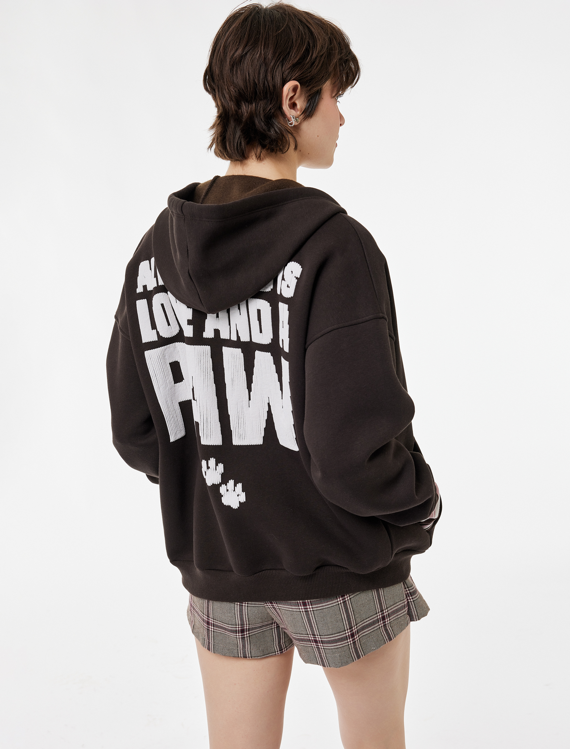   Şardonlu  Kapüşonlu Fermuarlı Arkası Kedi Baskılı Kanguru Cepli Oversize Sweatshirt