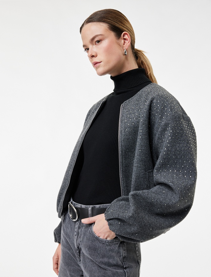  Cepli Uzun Kollu Bisiklet Yaka Crop Taşlı Kaşe Bomber Ceket