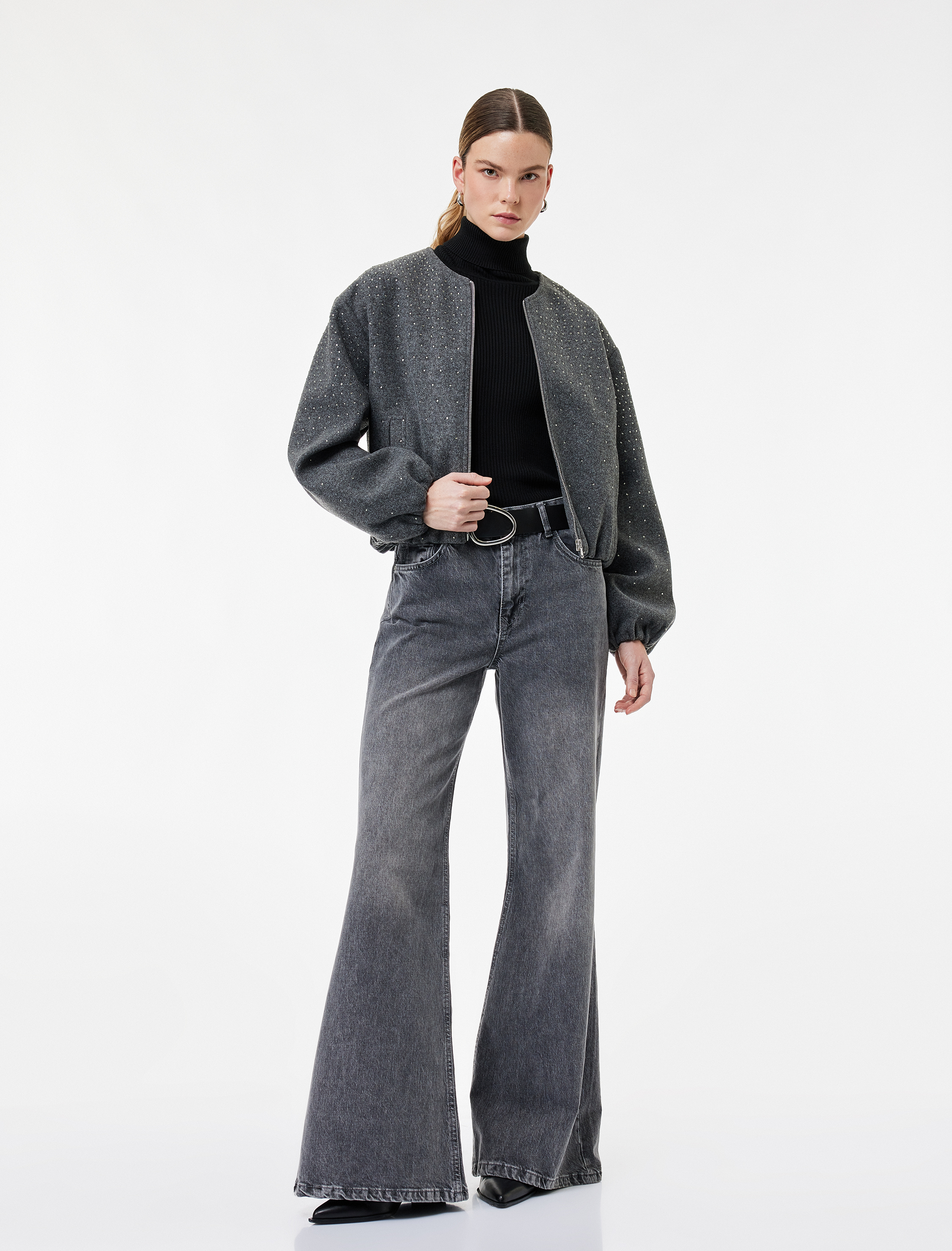   Cepli Uzun Kollu Bisiklet Yaka Crop Taşlı Kaşe Bomber Ceket