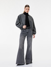 Cepli Uzun Kollu Bisiklet Yaka Crop Taşlı Kaşe Bomber Ceket