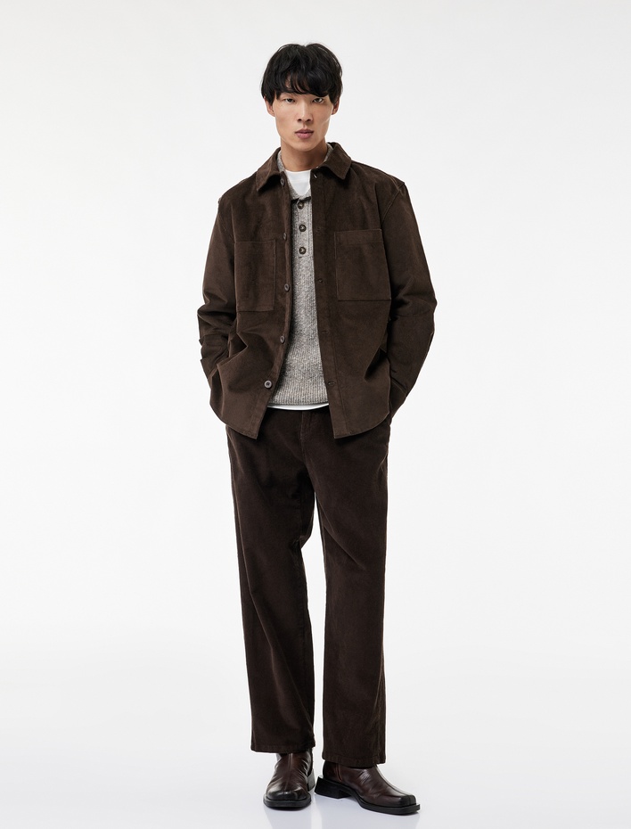  Regular Fit Pamuklu Cepli Klasik Yaka Uzun Kollu Fitilli Kadife Gömlek Ceket