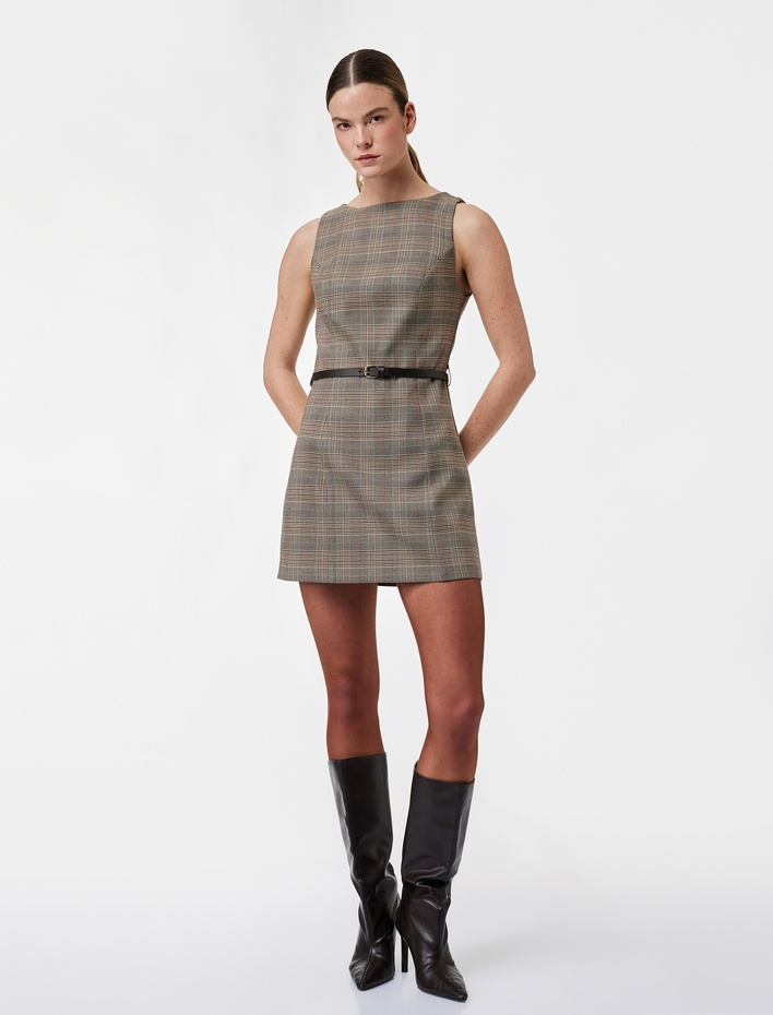  Kolsuz Bisiklet Yaka Kemerli A Kesim Mini Ekose Elbise