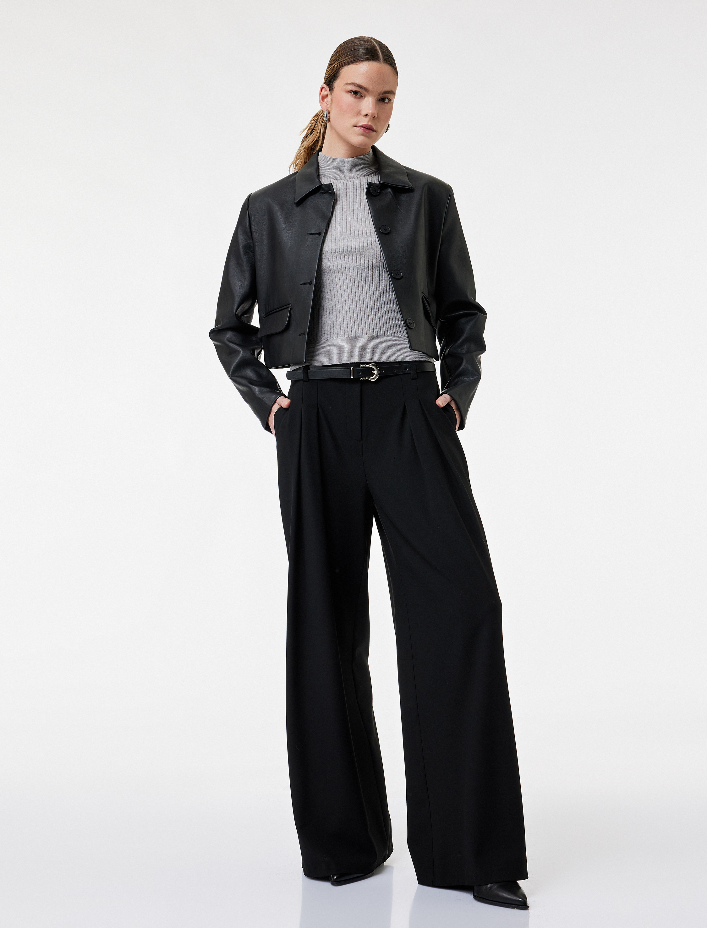   Pile Detaylı Geniş Paça Kemerli Palazzo Pantolon