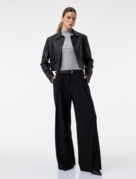 Pile Detaylı Geniş Paça Kemerli Palazzo Pantolon