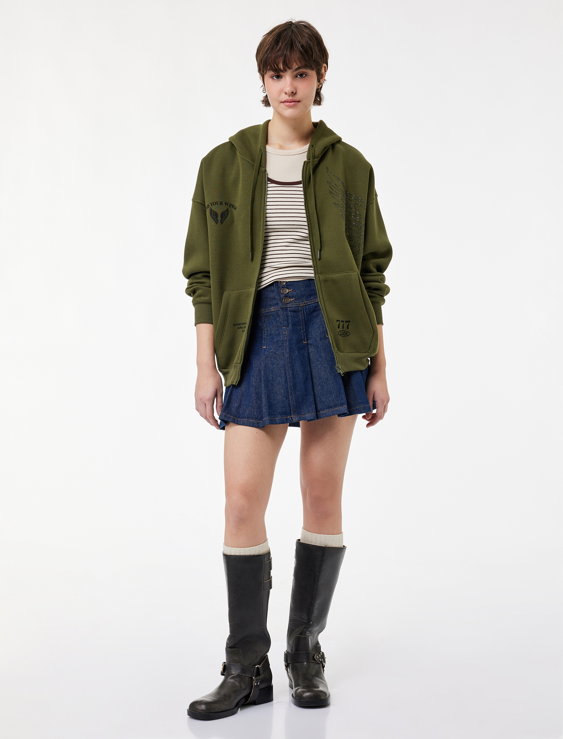   Şardonlu Taş Detaylı Kapüşonlu Arkası Baskılı Kanguru Cepli Oversize Fermuarlı Sweatshirt