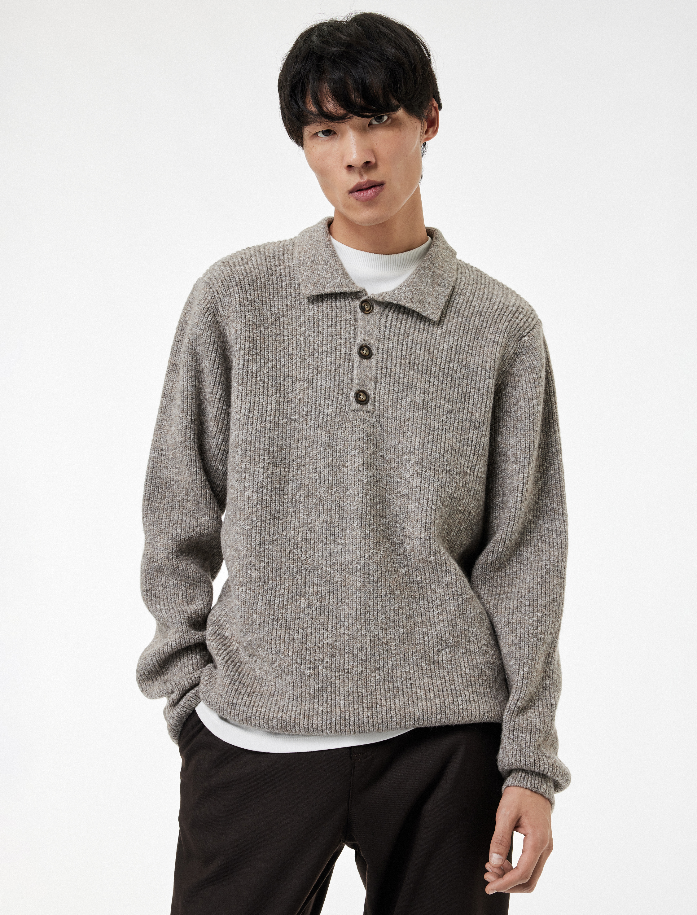   Regular Fit Düğmeli Polo Yaka Triko Kazak