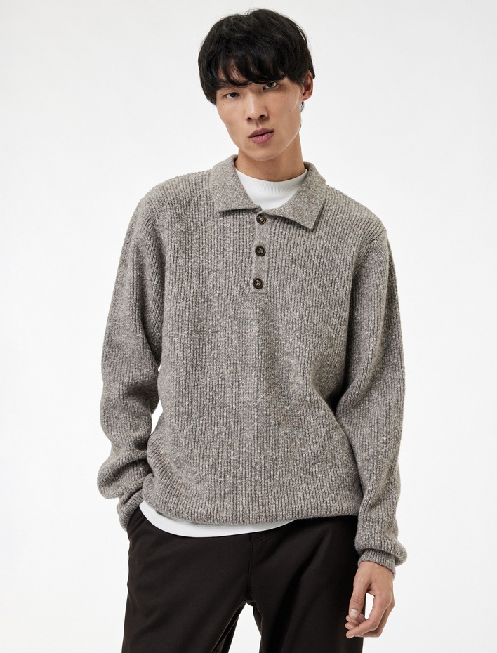  Regular Fit Düğmeli Polo Yaka Triko Kazak