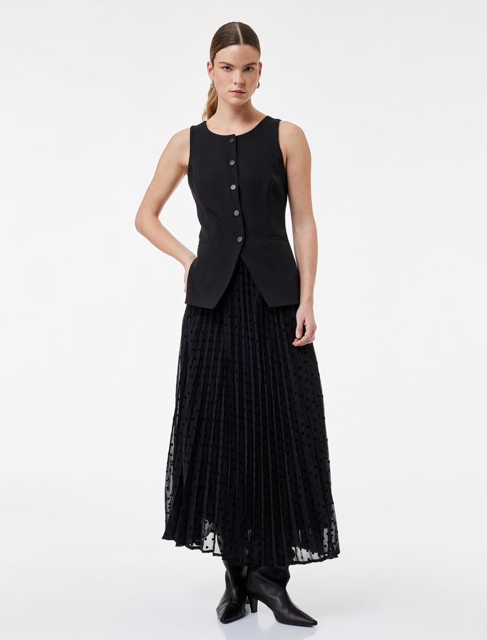  Bisiklet Yaka Kolsuz Katlı Düğmeli Cep Detaylı Volanlı Uzun Elbise