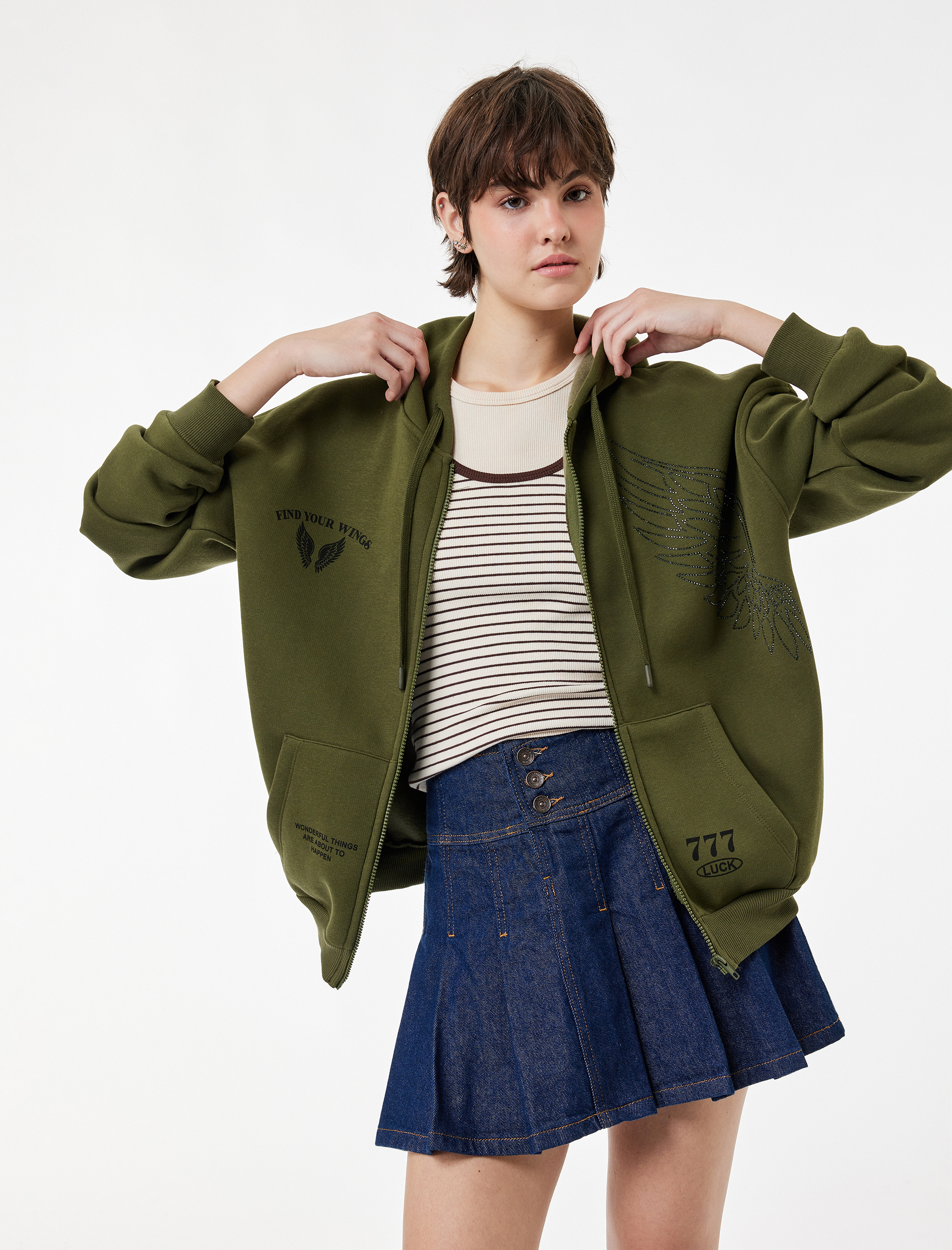   Şardonlu Taş Detaylı Kapüşonlu Arkası Baskılı Kanguru Cepli Oversize Fermuarlı Sweatshirt