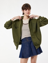 Şardonlu Taş Detaylı Kapüşonlu Arkası Baskılı Kanguru Cepli Oversize Fermuarlı Sweatshirt