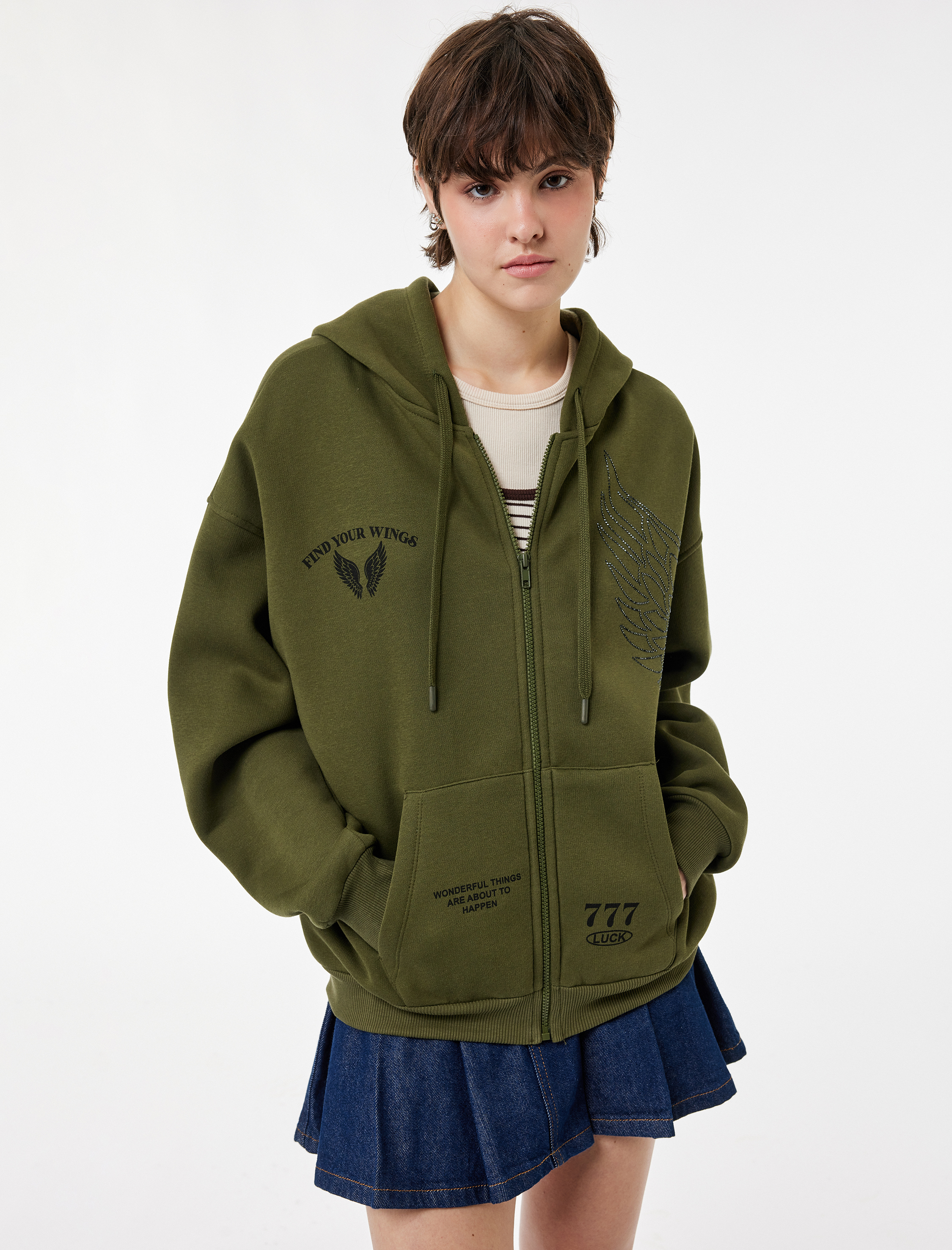   Şardonlu Taş Detaylı Kapüşonlu Arkası Baskılı Kanguru Cepli Oversize Fermuarlı Sweatshirt