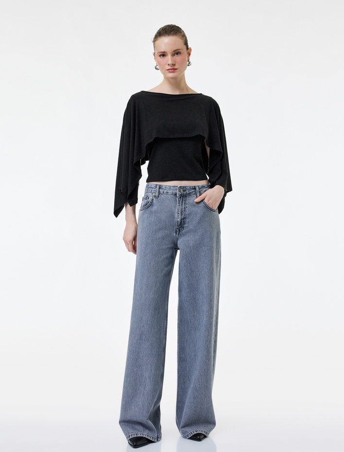  Slim Fit Yuvarlak Yaka Yarasa Kollu Panço Kazak