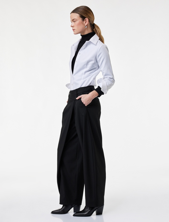  Asimetrik Kapama Detaylı Bol Paça Kumaş Pantolon