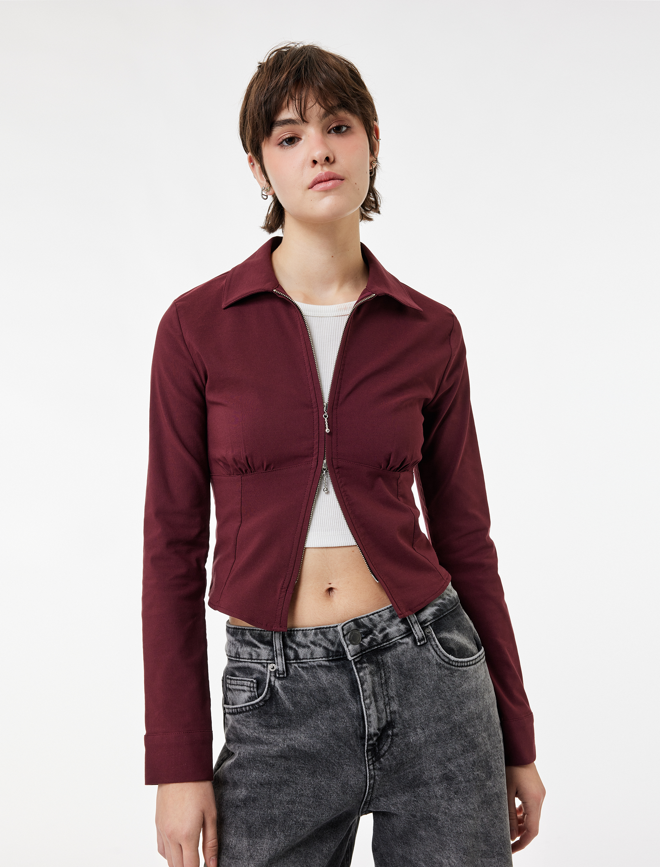   Uzun Kollu Crop Korse Detaylı Fermuarlı Gömlek