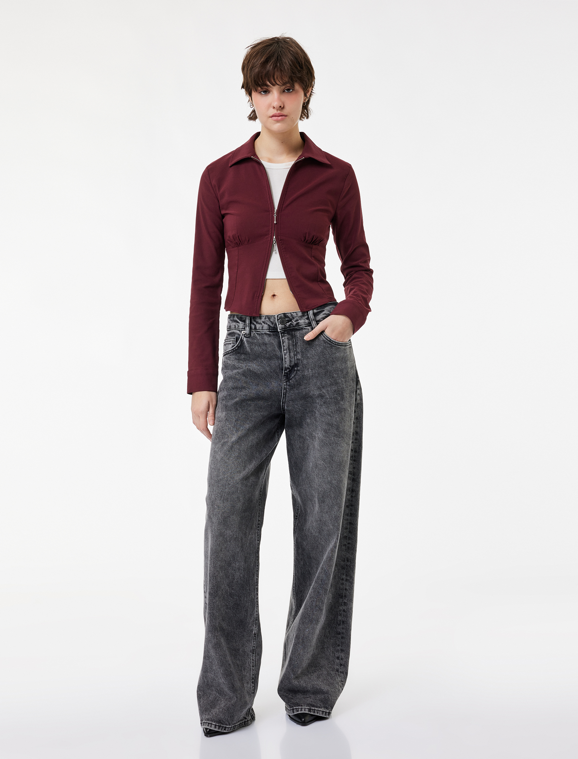   Uzun Kollu Crop Korse Detaylı Fermuarlı Gömlek