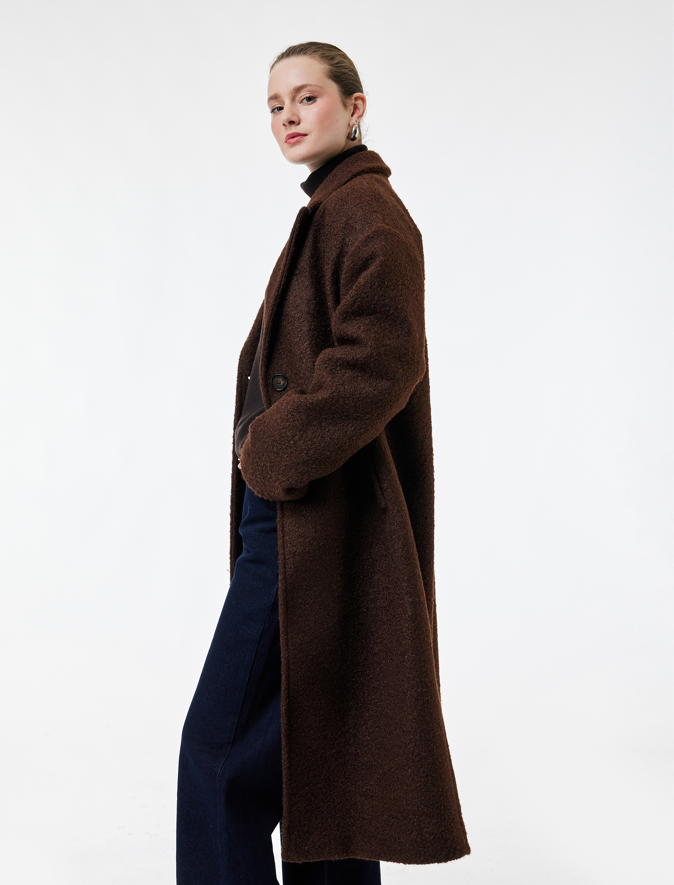   Koton X Melis Ağazat - Uzun Kollu Düğmeli Cepli Buklet Kaban