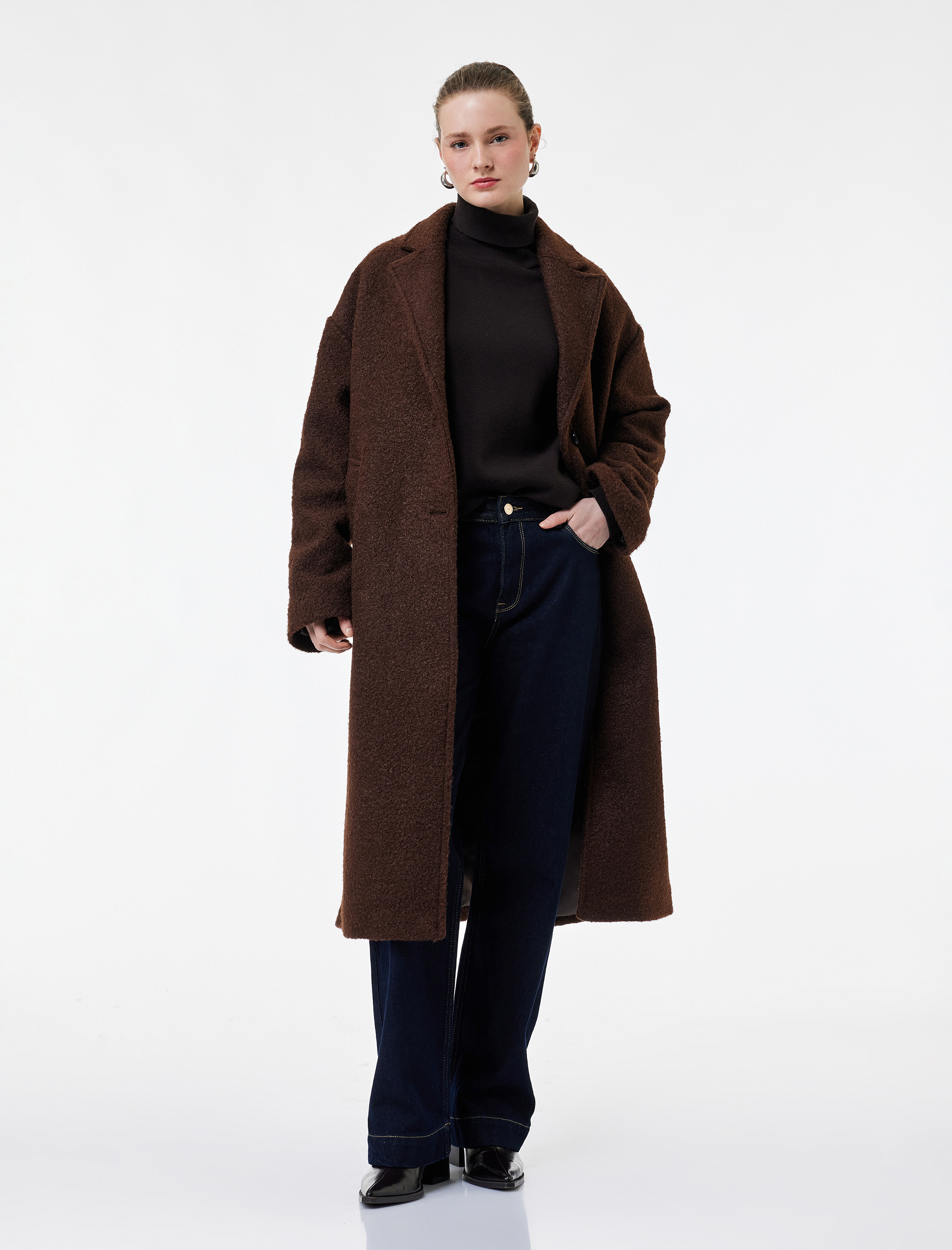   Koton X Melis Ağazat - Uzun Kollu Düğmeli Cepli Buklet Kaban