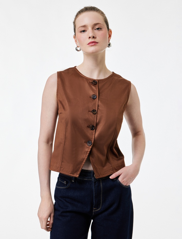  Düğmeli Bisiklet Yaka Suni Süet Yelek