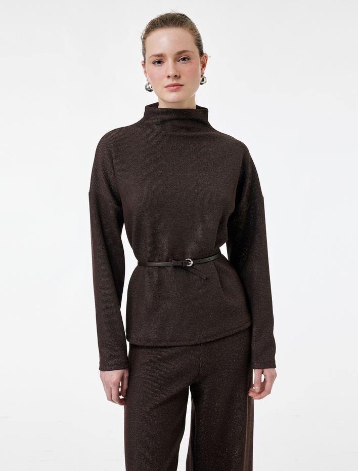  Koton X Şahika Ercümen - Slim Fit Uzun Kollu Işıltılı Dik Yaka Kemerli Kazak