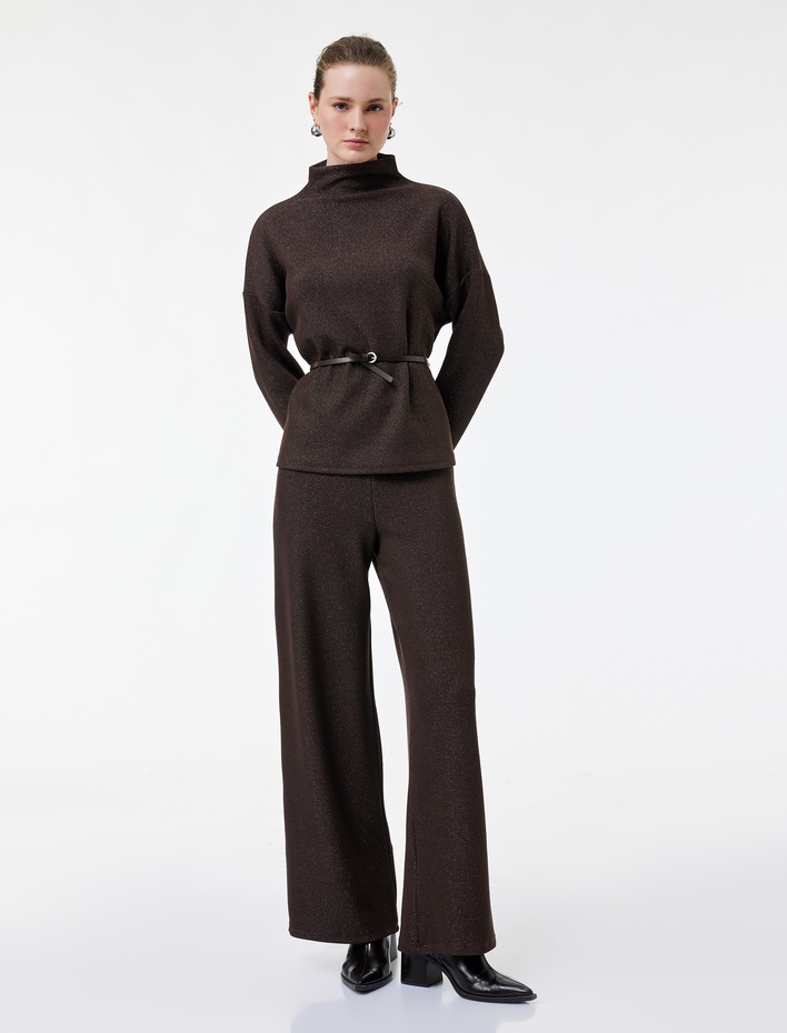  Koton X Şahika Ercümen - Slim Fit Uzun Kollu Işıltılı Dik Yaka Kemerli Kazak