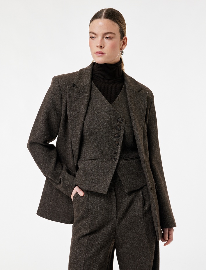  Koton X Şahika Ercümen - Uzun Kollu Koyun Yünü Karışımlı Blazer Ceket