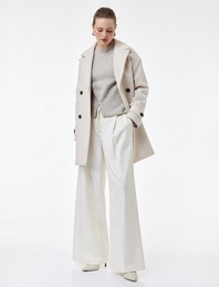 Uzun Kollu Cepli Düğmeli Kemerli Kruvaze Kaşe Kaban