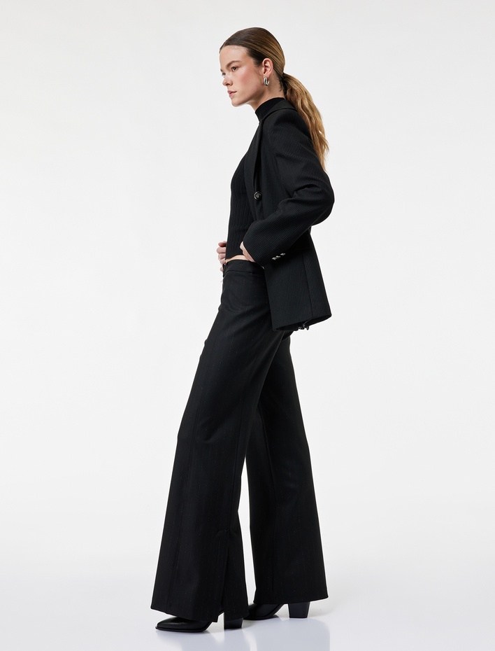  Cepli Çizgili Parıltılı Geniş Paça Kumaş Pantolon