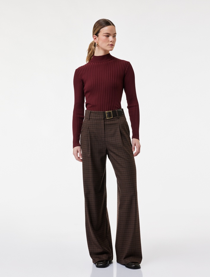  Yüksek Bel Kemer Detaylı Ekoseli Geniş Paça Pantolon