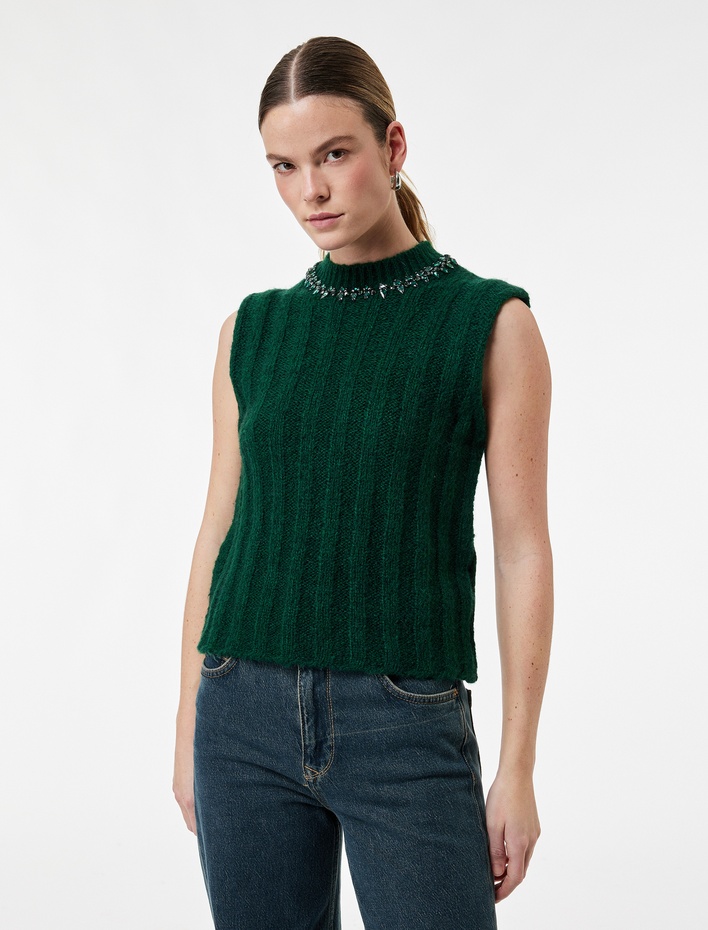  Alpaka Yün Karışımlı Bisiklet Yaka Taşlı Örgü Süveter