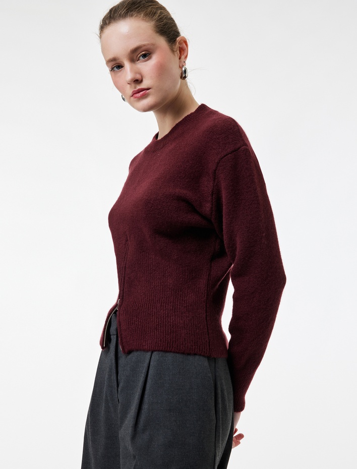  Uzun Kollu Bisiklet Yaka Fermuar Detaylı Triko Kazak