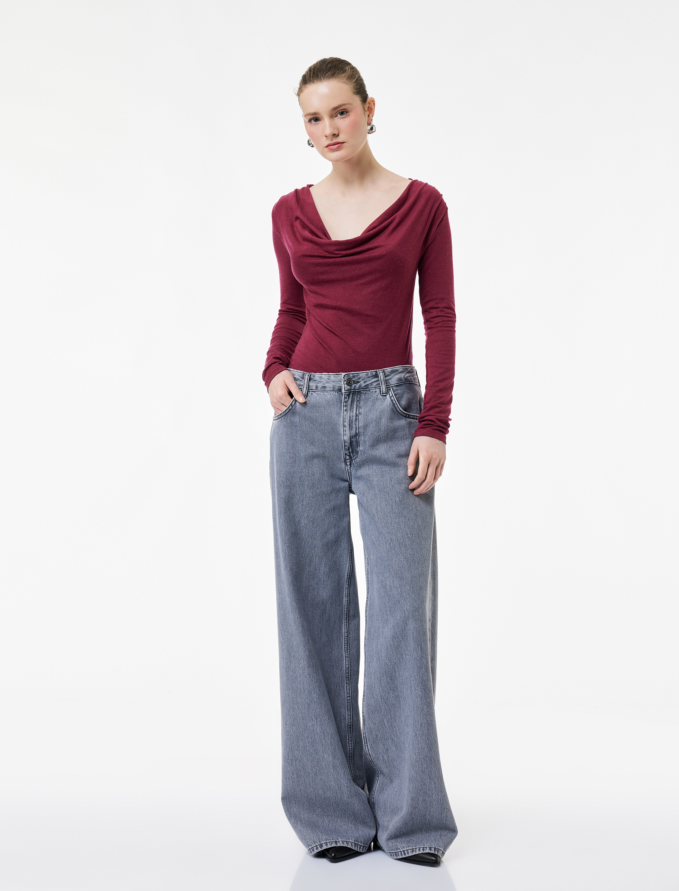   Slim Fit Koyun Yünü Karışımlı Uzun Kollu Degaje Yaka Bluz