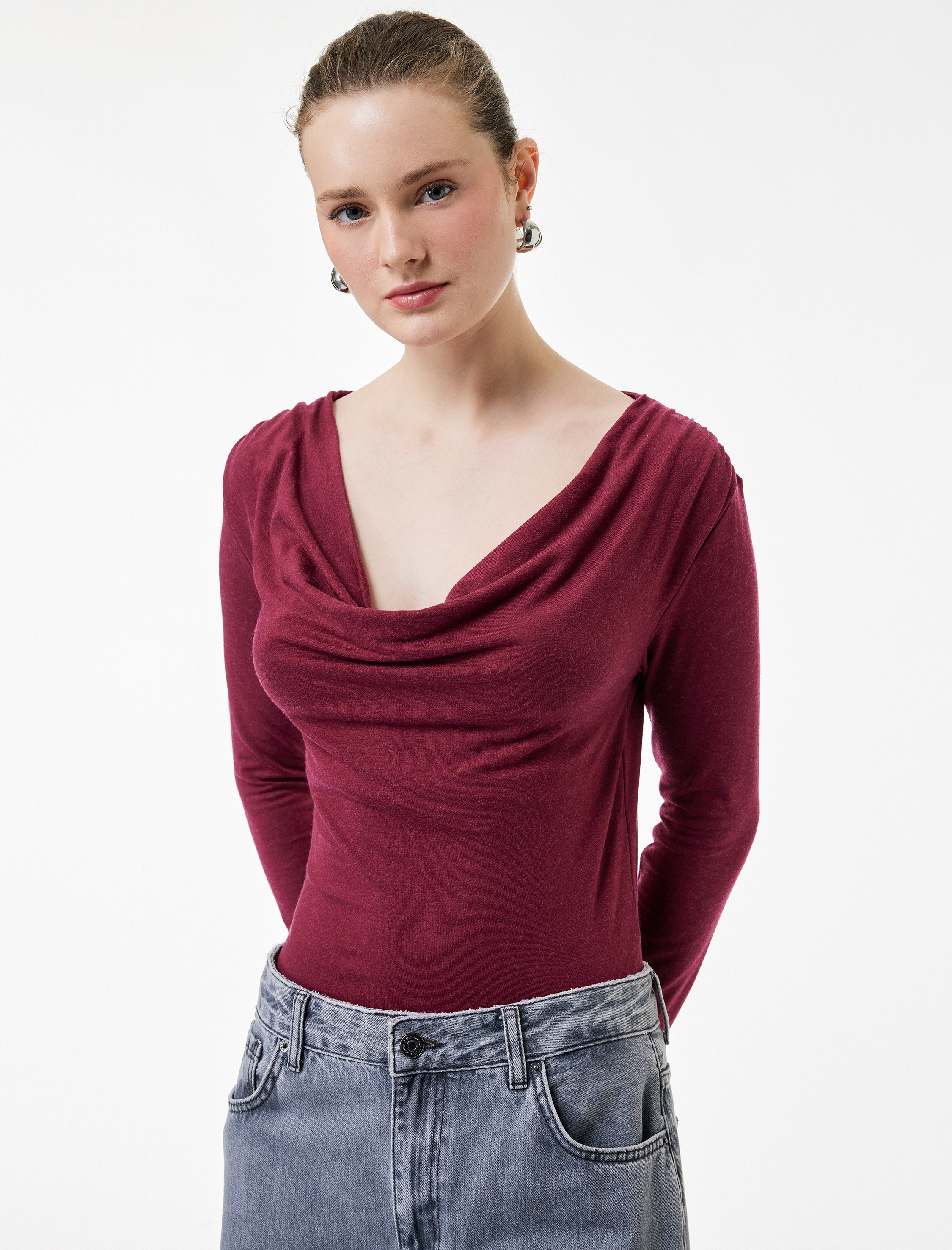   Slim Fit Koyun Yünü Karışımlı Uzun Kollu Degaje Yaka Bluz