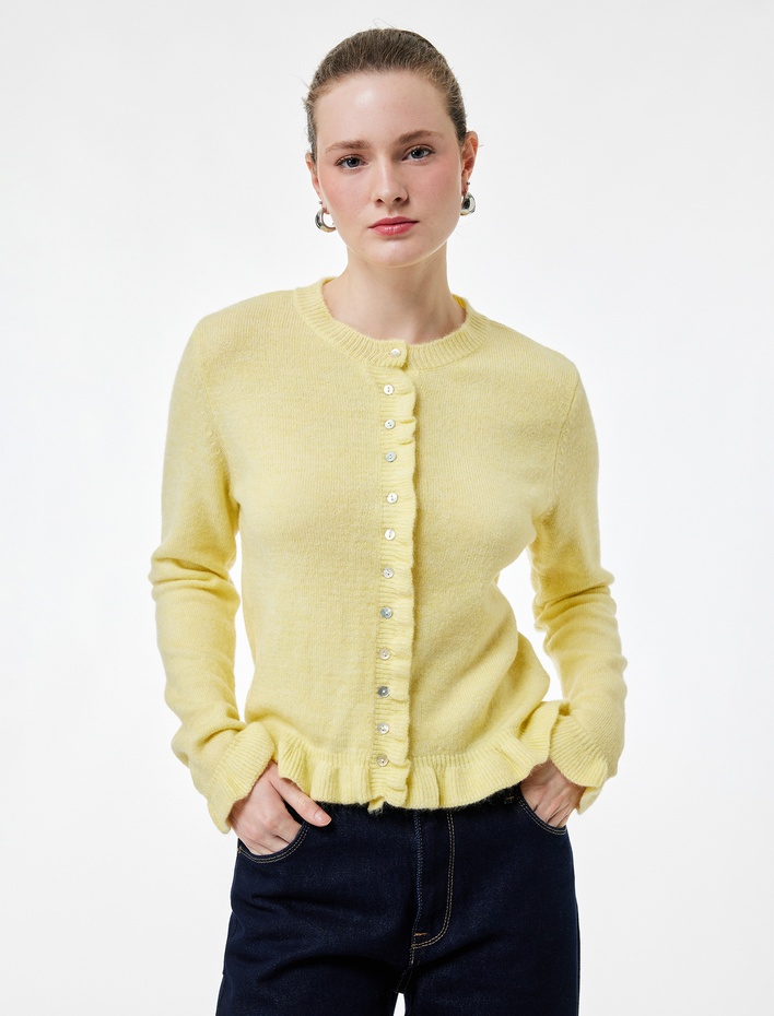  Bisiklet Yaka Düğmeli Fırfırlı Triko Hırka