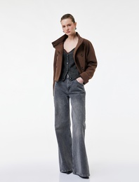 Uzun Kollu Cepli Dik Yaka Düğmeli Kruvaze Kısa Kaşe Mont