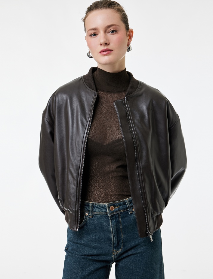  Uzun Kollu Kolej Yaka Cepli Crop Suni Deri Ceket