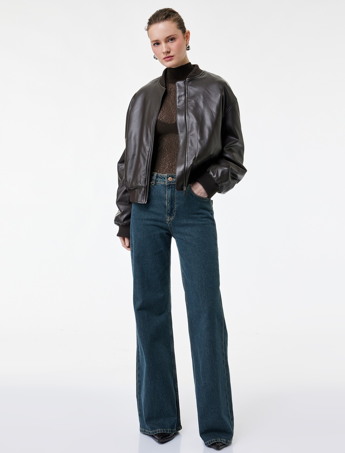  Uzun Kollu Kolej Yaka Cepli Crop Suni Deri Ceket