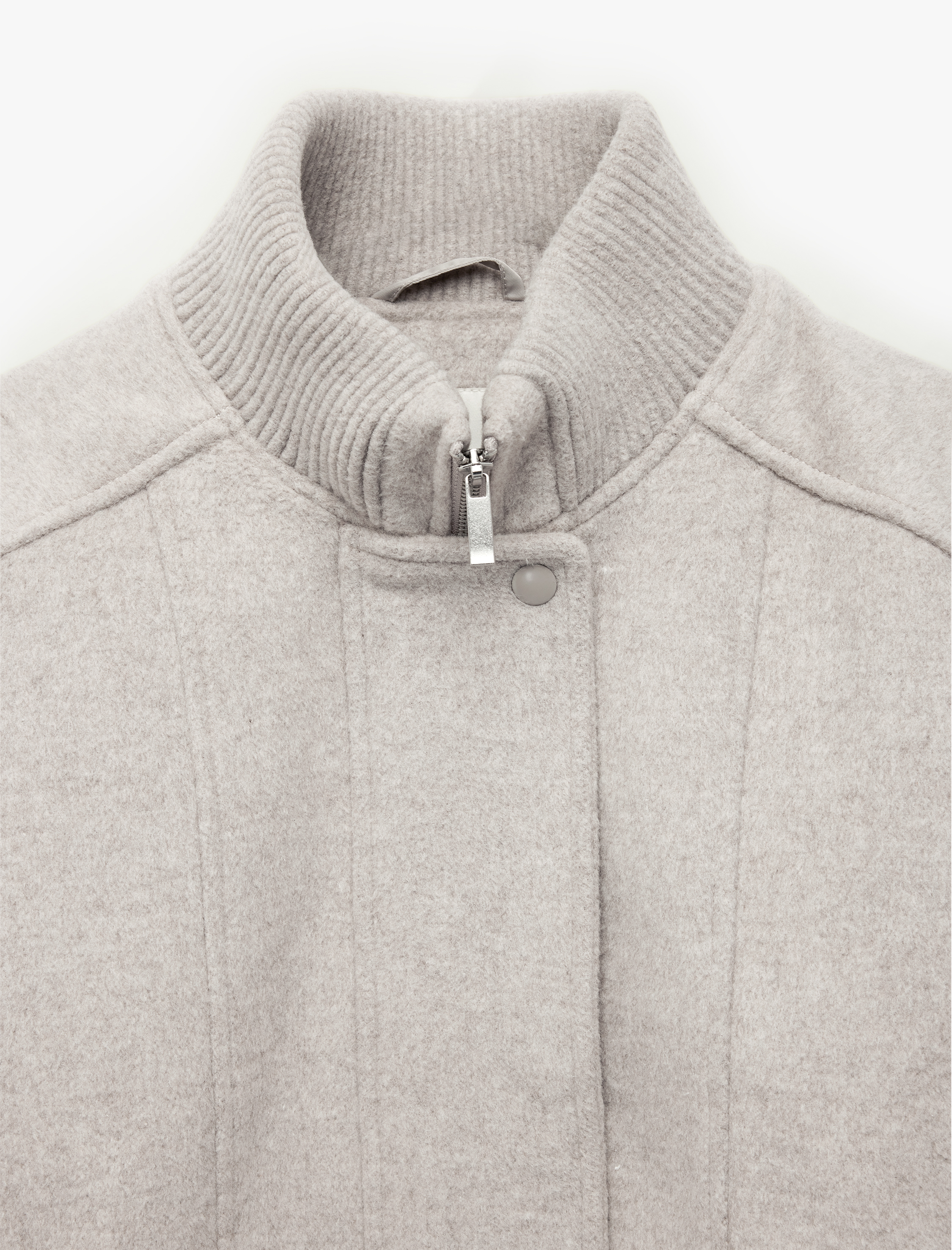   Fermuarlı Cepli Dik Yaka Uzun Kollu Oversize Kaşe Bomber Mont