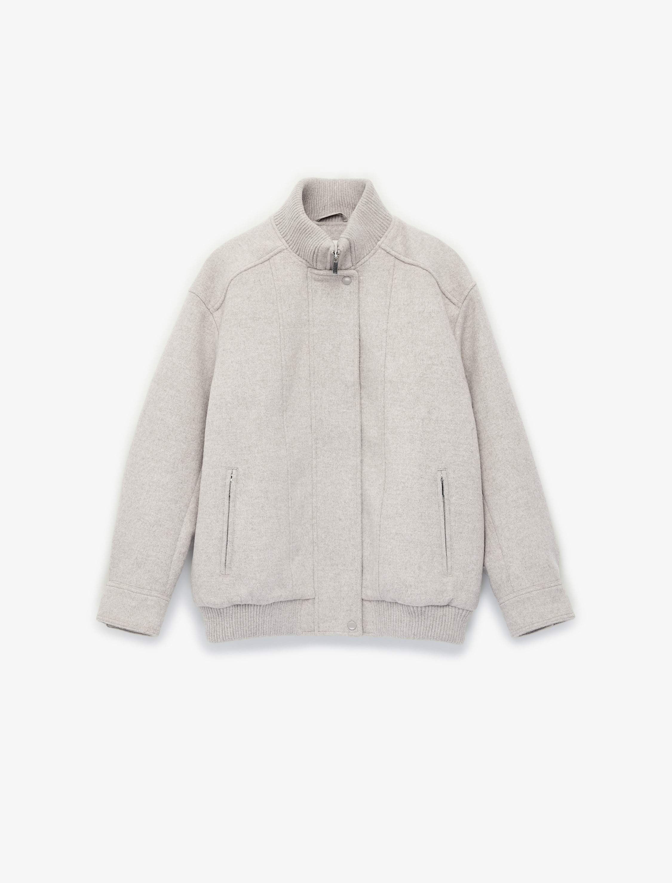   Fermuarlı Cepli Dik Yaka Uzun Kollu Oversize Kaşe Bomber Mont